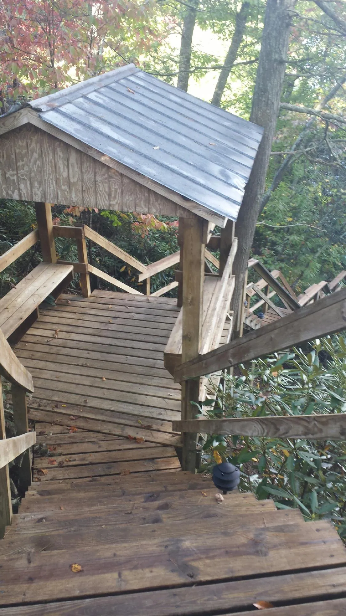Metal roofed shelter over wooden steps on a wooded walkway — Skylight Repair & Installation work by our crew in Ireton